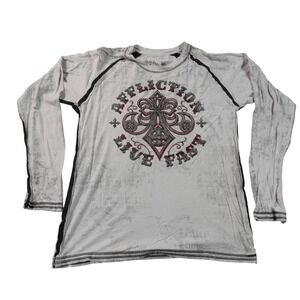 Affliction Graphic Shirt Mens XL Cream Long Sleeve Live Fast Cross Distressed